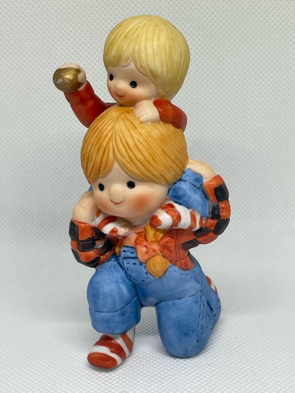 Vintage Enesco Kids Figurine Boys Piggyback Collectible Porcelain 1984 Statue 4”